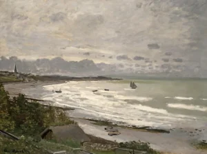 Hand-painted The Beach at Saint-Adresse reproduction by Claude Monet – beached boats and textured brushstrokes.
