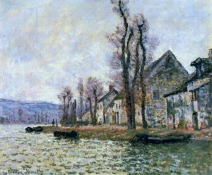 Hand-painted The Bend of the Seine at Lavacourt reproduction by Monet – snowy river with textured brushstrokes.