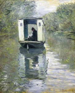 Hand-painted The Boat Studio reproduction by Claude Monet – serene river reflections with textured brushstrokes.