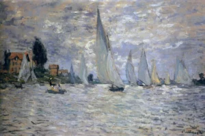 Hand-painted Regatta at Argenteuil reproduction by Claude Monet – white sails and textured brushstrokes on water.