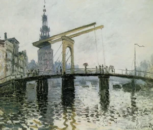 Hand-painted The Bridge, Amsterdam reproduction by Claude Monet – textured brushstrokes of a stone arch reflecting on water.