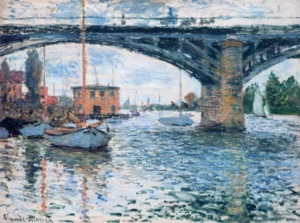 Hand-painted The Bridge at Argenteuil reproduction by Claude Monet – sailboats and textured brushstrokes.