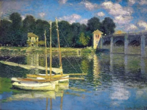 Hand-painted The Bridge at Argenteuil reproduction by Claude Monet – sailboats on the Seine with textured brushstrokes.