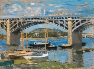 Hand-painted The Bridge over the Seine reproduction by Claude Monet – hazy river reflections with textured brushstrokes.