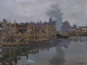 Hand-painted The Bridge under Repair reproduction by Claude Monet – featuring textured brushstrokes of the wooden scaffolding.