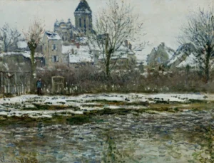 Hand-painted The Church at Vetheuil under Snow by Monet – textured brushstrokes of a winter scene – museum quality oil on linen