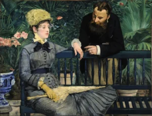 Hand-painted oil reproduction after Edouard Manet's The Conservatory (1879), showing a seated couple in a greenhouse