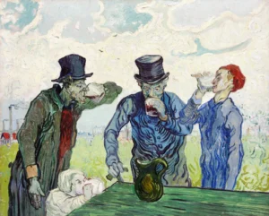Hand-painted The Drinkers reproduction by Van Gogh – four men with textured brushstrokes – museum quality oil on linen