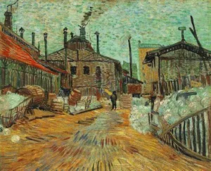 Hand-painted The Factory at Asnieres reproduction by Vincent Van Gogh – smokestacks and textured brushstrokes.