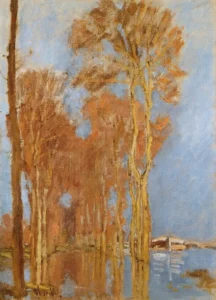Hand-painted The Flood reproduction by Claude Monet – pollarded willows and textured brushstrokes – museum quality oil on linen