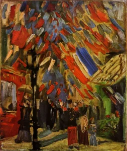 Hand-painted The Fourteenth of July in Paris by Van Gogh – vibrant flags and textured brushstrokes – oil on linen