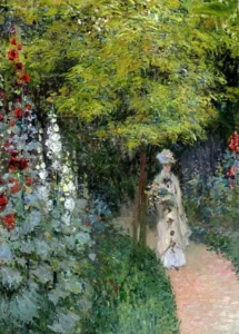 Hand-painted The Garden, Hollyhocks reproduction by Claude Monet – vibrant floral textured brushstrokes.