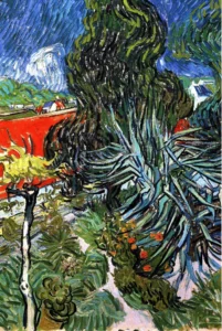 Hand-painted The Garden of Doctor Gachet reproduction by Van Gogh – lush green foliage and textured brushstrokes.