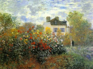 Hand-painted Monet Garden Argenteuil reproduction – vibrant dahlia flowers with textured brushstrokes