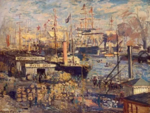 Hand-painted The Grand Dock at Le Havre reproduction by Claude Monet – ships and masts with textured brushstrokes.