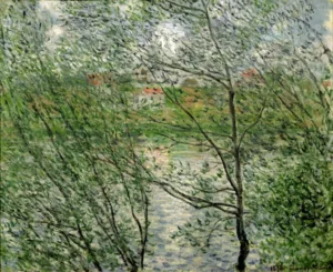 Hand-painted Isle Grande-Jatte on the Seine reproduction by Claude Monet – lush trees and textured brushstrokes.