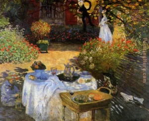 Hand-painted The Lunch reproduction by Claude Monet – a sun-dappled garden with textured brushstrokes – oil on linen