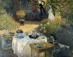 Hand-painted The Luncheon reproduction by Claude Monet – a white picnic blanket with textured brushstrokes