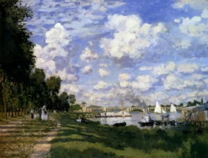 Hand-painted The Marina at Argenteuil reproduction by Claude Monet – textured brushstrokes of white sailboats.