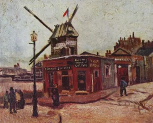 Hand-painted The Moulin de la Galette reproduction by Vincent Van Gogh – textured brushstrokes showing a tall windmill.