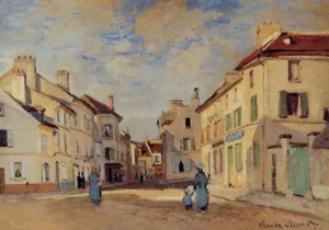 Hand-painted The Old Rue de la Chaussee reproduction by Monet – a sunlit cobbled street with textured brushstrokes
