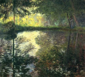 Hand-painted The Pond at Montgeron reproduction by Claude Monet – lush green trees and textured brushstrokes.