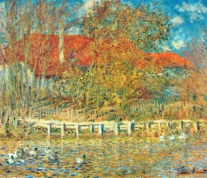 Hand-painted The Pond with Ducks in Autumn reproduction by Monet – textured brushstrokes of ripples and golden trees.