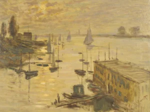 Hand-painted The pool seen from the bridge Argenteuil by Monet – textured brushstrokes showing sailboats on the water.