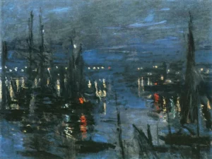 Hand-painted The Port of Le Havre reproduction by Claude Monet – dark moonlit water and textured brushstrokes.