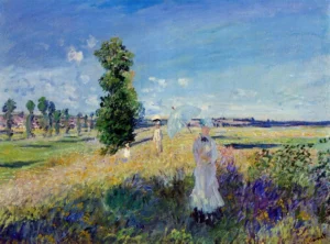 Hand-painted The Promenade, Argenteuil reproduction by Claude Monet – textured brushstrokes of strollers by the river.