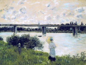 Hand-painted Promenade near Argenteuil reproduction by Claude Monet – sailboats and textured brushstrokes.