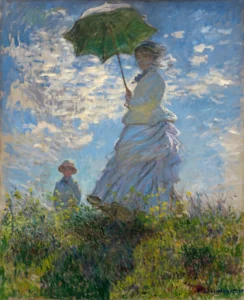 Hand-painted Woman with a Parasol reproduction by Claude Monet – textured brushstrokes in blue sky – museum quality oil on linen