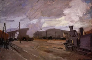 Hand-painted The Railroad Station at Argenteuil reproduction by Claude Monet – steam engine and textured brushstrokes.