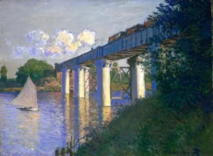 Hand-painted Railway Bridge at Argenteuil by Monet – steam engine and textured brushstrokes – museum quality oil on linen