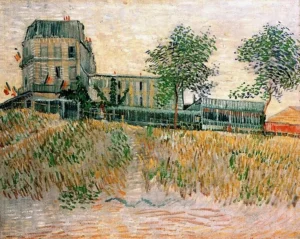 Hand-painted Restaurant de la Sirene reproduction by Van Gogh – green shutters and textured brushstrokes.