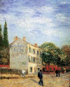 Hand-painted The Rispal Restaurant at Asnieres reproduction by Vincent Van Gogh – vibrant textured brushstrokes of a cafe.