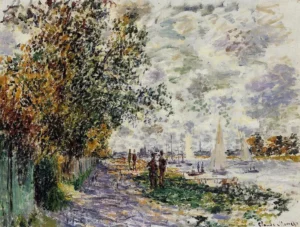Hand-painted The Riverbank at Petit-Gennevilliers reproduction by Claude Monet – serene water and textured brushstrokes.