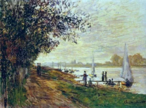 Hand-painted The Riverbank at Petit-Gennevilliers reproduction by Claude Monet – glowing orange sunset with textured brushstrokes.