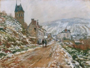 Hand-painted The Road in Vetheuil in Winter reproduction by Claude Monet – snowy path with textured brushstrokes