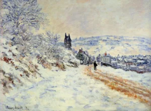 Hand-painted The Road to Vertheuil reproduction by Claude Monet – textured brushstrokes show a solitary figure in snow.