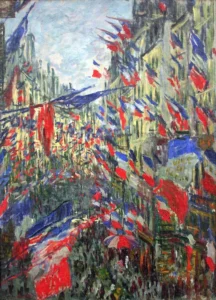 Hand-painted The Rue Montargueil with Flags reproduction by Monet – textured brushstrokes of vibrant tricolor banners.