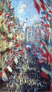 Hand-painted The Rue Montorgueil, Paris reproduction by Claude Monet – vibrant flags and textured brushstrokes.