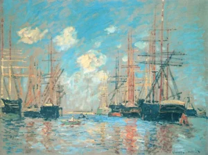 Hand-painted The Sea, Port in Amsterdam reproduction by Claude Monet – masted ships with textured brushstrokes.