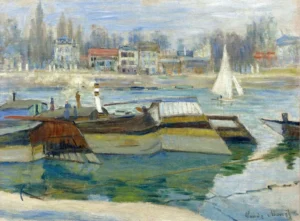 Hand-painted The Seine at Asnieres reproduction by Claude Monet – moored barges and textured brushstrokes.