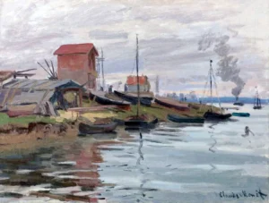 Hand-painted The Seine at Petit-Gennevilliers reproduction by Claude Monet – sailboats with textured brushstrokes.
