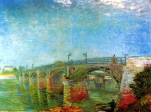 Hand-painted The Seine Bridge at Asnieres reproduction by Vincent Van Gogh – vibrant blue water with textured brushstrokes.