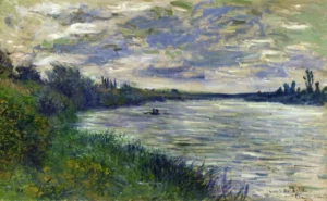 Hand-painted The Seine near Vetheuil reproduction by Claude Monet – dark clouds and textured brushstrokes on water.