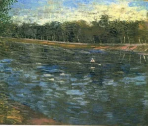Hand-painted The Seine with a Rowing Boat reproduction by Vincent Van Gogh – textured brushstrokes on the river banks.