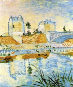 Hand-painted The Seine with the Pont de Clichy reproduction by Van Gogh – textured brushstrokes of blue river water.
