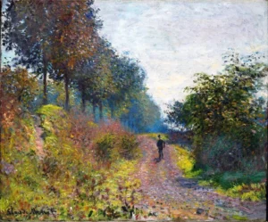 Hand-painted The Sheltered Path reproduction by Claude Monet – a lone figure on a road with textured brushstrokes.